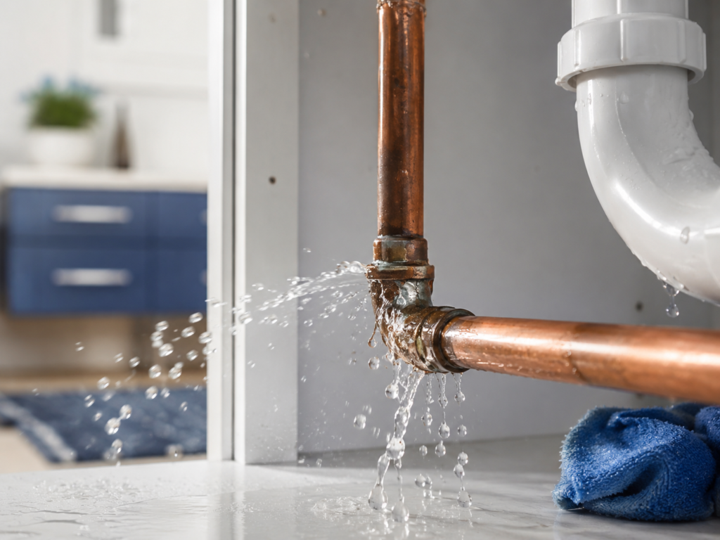 Water spraying from a leaking copper pipe joint