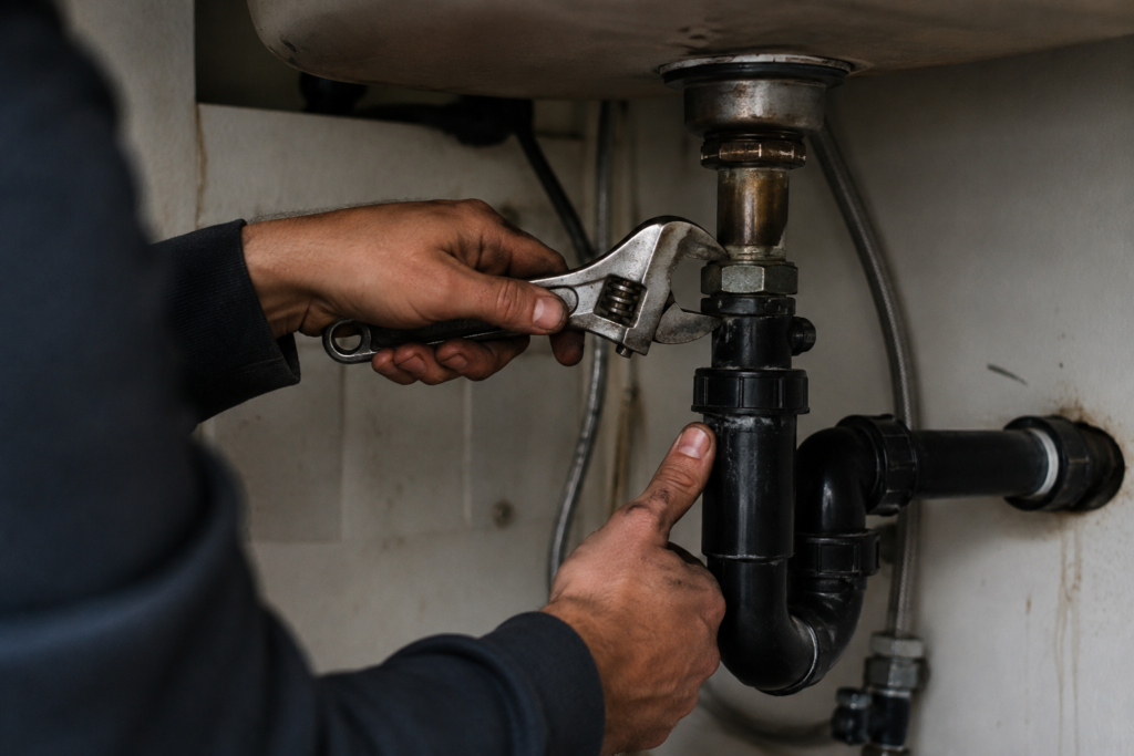 Plumber tightening a sink drain trap with an adjustable wrench
