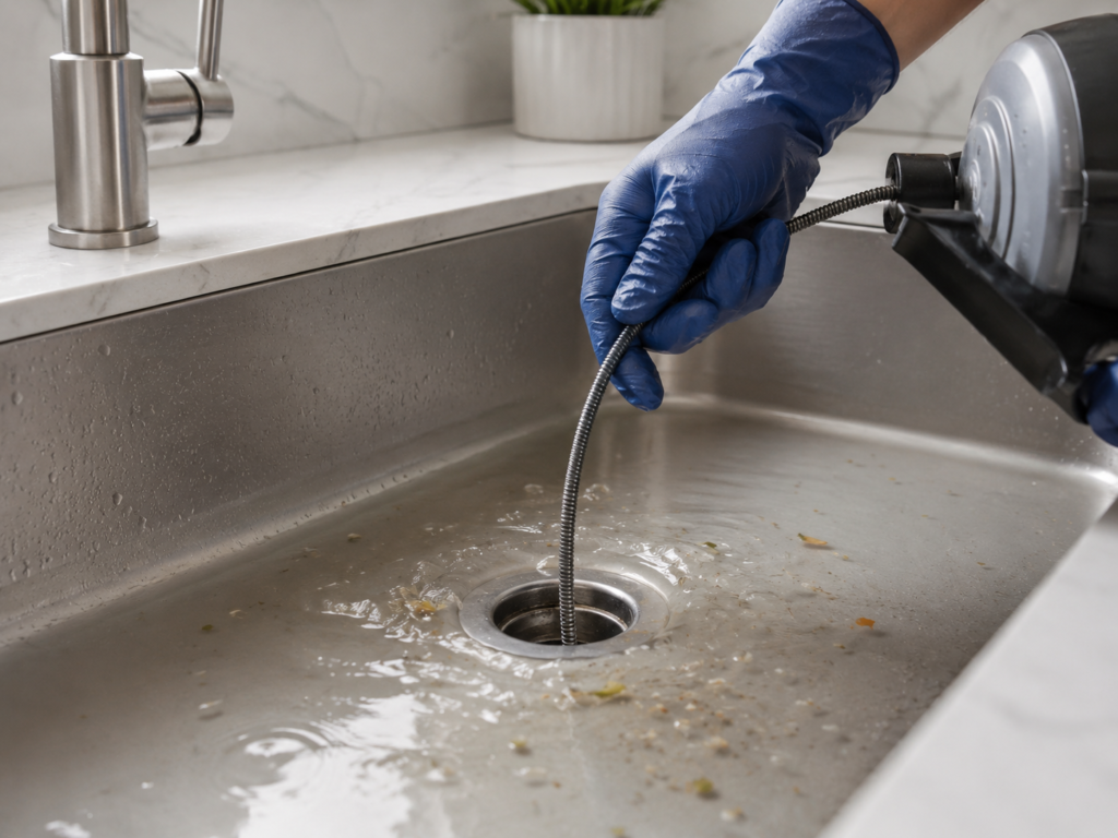 Drain cable being fed into a kitchen sink drain